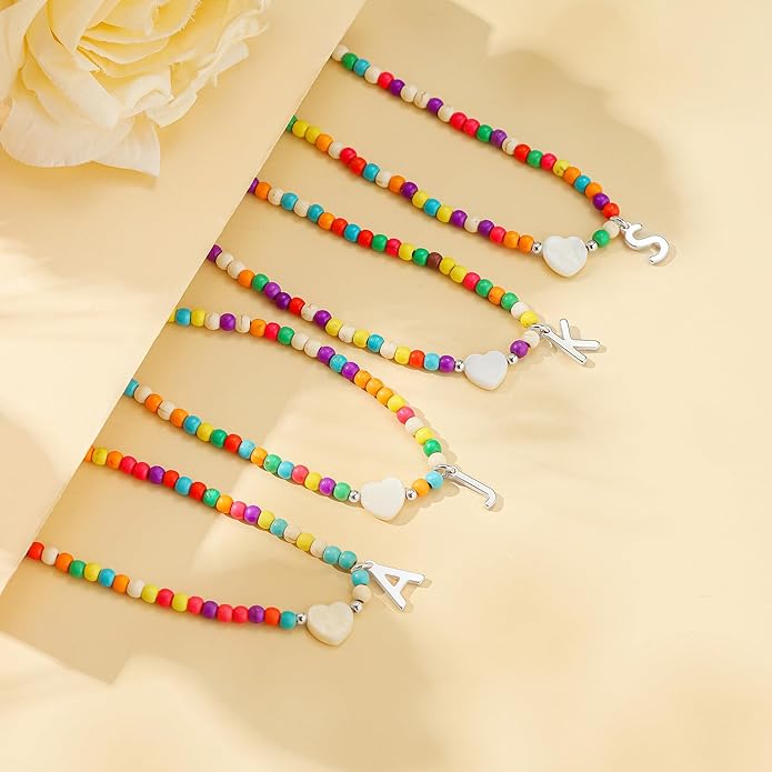 Ursteel Colorful Initial Cute Necklaces for Girls - Trendy Beaded Choker Necklace for Women Teen Girl, Handmade Letter Necklace Valentines Galentine Gifts for Women Girls Jewelry