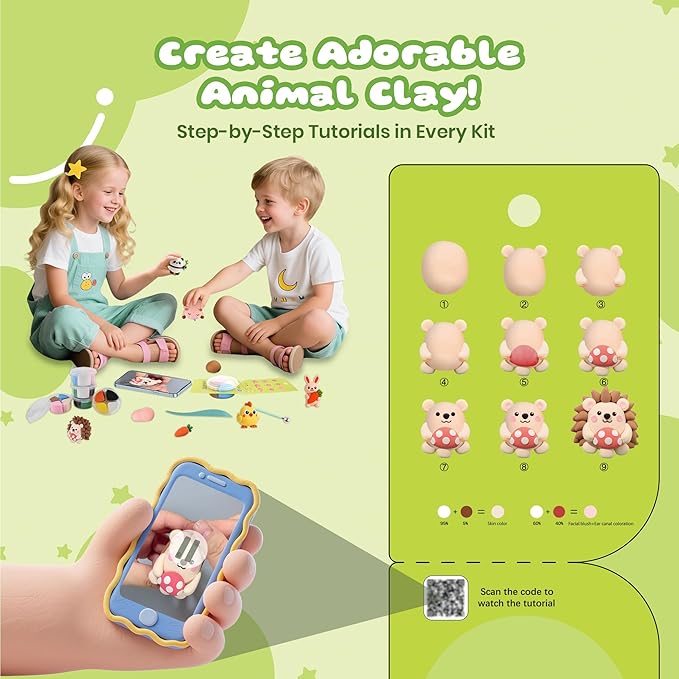 Air Dry Clay Kit, 12 Animals Modeling Clay for Kids, Model Magic Clay with Sculpting Tools and Tutorials, Safe & Non-Toxic, DIY Arts & Crafts School Projects, Home Party Favors for Boys & Girls