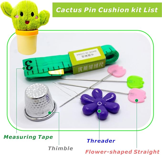 Cactus Pin Cushion Sewing Tool Set with Magnetic Storage, Including 50 Cute Flowers Needles, Threader, Thimble ＆Tape Measure, Pin Holder for Sewing DesksApplique & Patchwork Crafter.