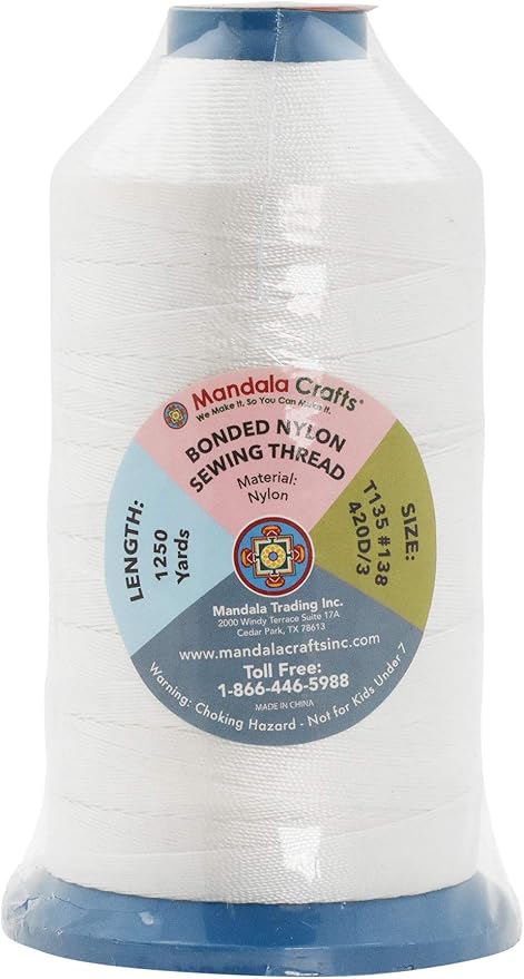 Mandala Crafts Size 138 420D T135 Bonded Nylon Thread - White 1250 YDs Tex 135 Heavy Duty Sewing Threads for Leather, Jeans, Weaving, Outdoor Marine Upholstery