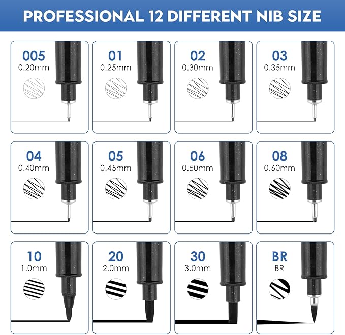 YISAN Micro Black Drawing Pens Art Fineliner Ink Pens,Set of 12 Technical Drawing pen,Manga Markers for Sketching Technical,70337