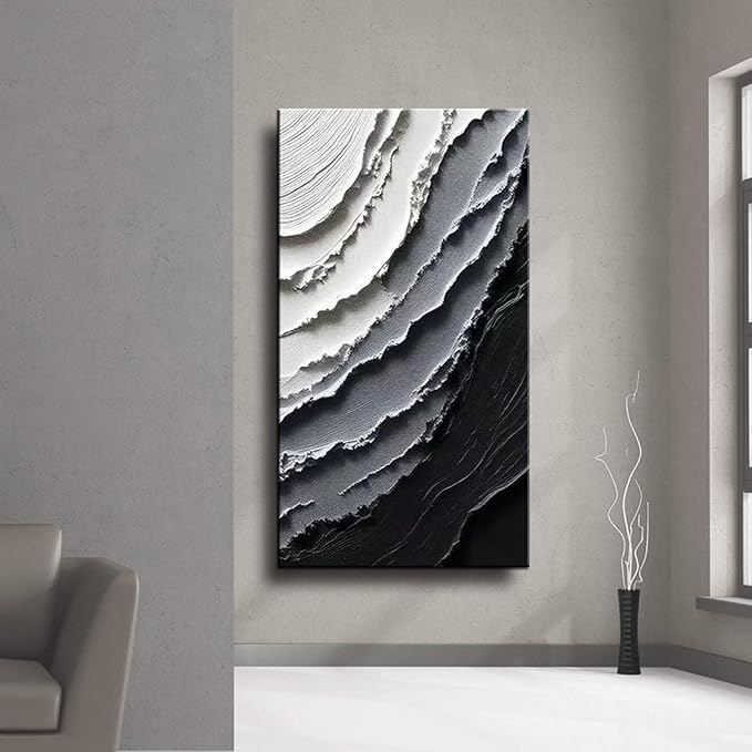 YaSheng Art -Handmade Modern Abstract Wall Art, Black and White Gradient Canvas Print, Large Vertical Wall Art for Living Room Bedroom Office Decor, 24x48inch Ready to Hang