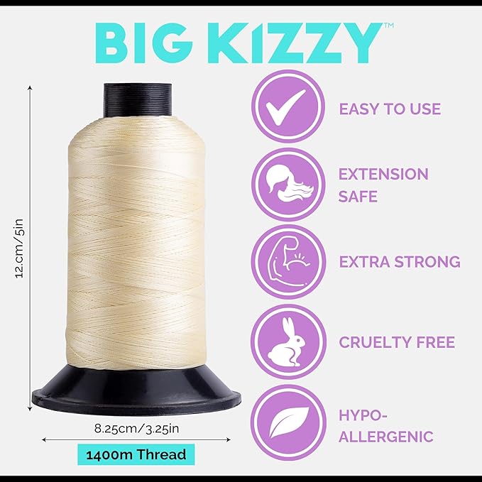 Big Kizzy Blonde 1400m Nylon Thread for Hair Extensions, Sew in Human Hair Weft and Wigs - Non-Slip and Comfortable Hold for Hand and Machine Tied Weft