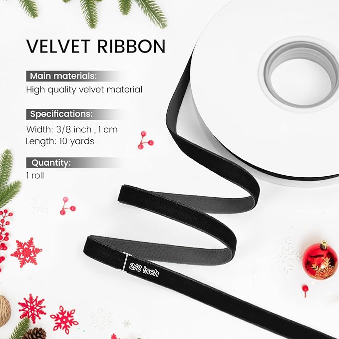 Black Velvet Ribbon, 3/8 inch 10 Yards Vintage Velvet Ribbons Perfect for Christmas Tree Ornaments, Gift Wrapping, Wedding Decoration, Bows, Sewing, Crafts, Wreath and More