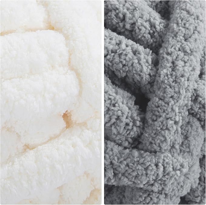 HOMBYS 8 Pack Assorted Chunky Yarn for Crocheting,Super Bulky Large Soft Fluffy Yarn,Plush Fuzzy Yarn,Thick Chenille Yarn for Hand Knitting/Arm Knitting,4 White & 4 Light Grey(27yds,8 oz Each Skein)