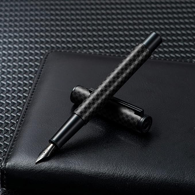Hongdian 1861 Black Forest Carbon Fiber Fountain Pen, Long Blade Nib Modern Design Smooth Writing Pen with Converter and Metal Pen Case Set