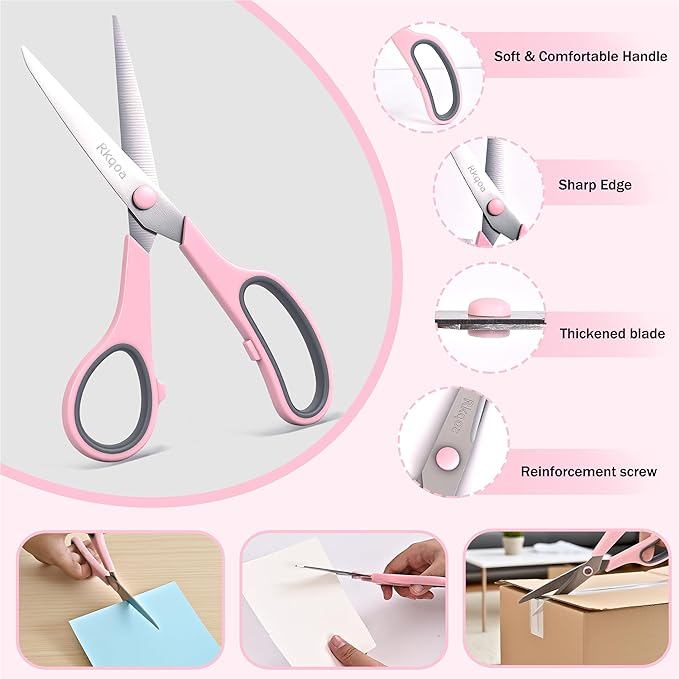 Scissors Set of 6 Bulk, Rkqoa 8" All Purpose Scissors Pack - with Ultra Sharp Blades and Comfort Grip Handles for School Office Classroom Everyday Use, Adult Size Scissor