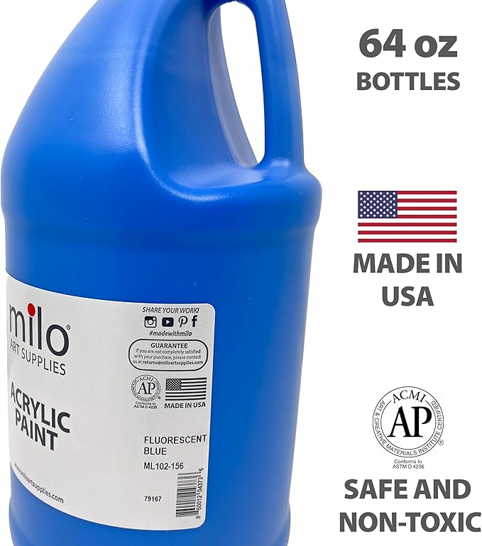 milo Fluorescent Blue Neon Acrylic Paint | 64 oz Bottle Half Gallon | Glows UV in Black Light | Non-Toxic Made in USA | Bulk Art Paint for Party, Student, Classroom, Artist