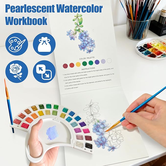 Watercolor Workbook, Water Coloring Book with 13 Pages 300GSM Paper, 26 Colors Watercolor Paint Set with Brush & Storage Bag, Beginner-Friendly Coloring Book for Adults - Flowers Theme Art Kit