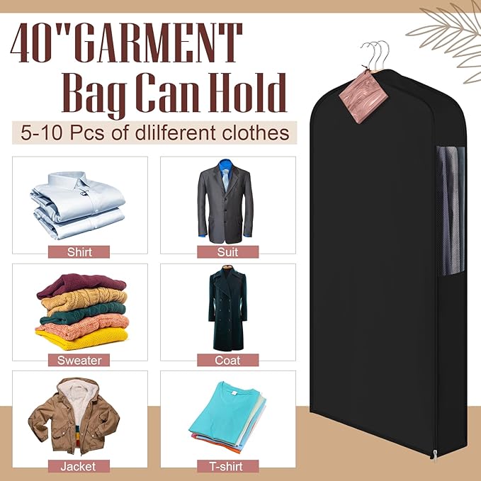 40in Short Cotton Garment Bag for Hanging and Storage Clothes with 4 Cedar Blocks for Fresh Smell, Breathable Hanging Bags for Closet Storage Fur Coat Suit Sweater Jacket, 6in Wide, Black