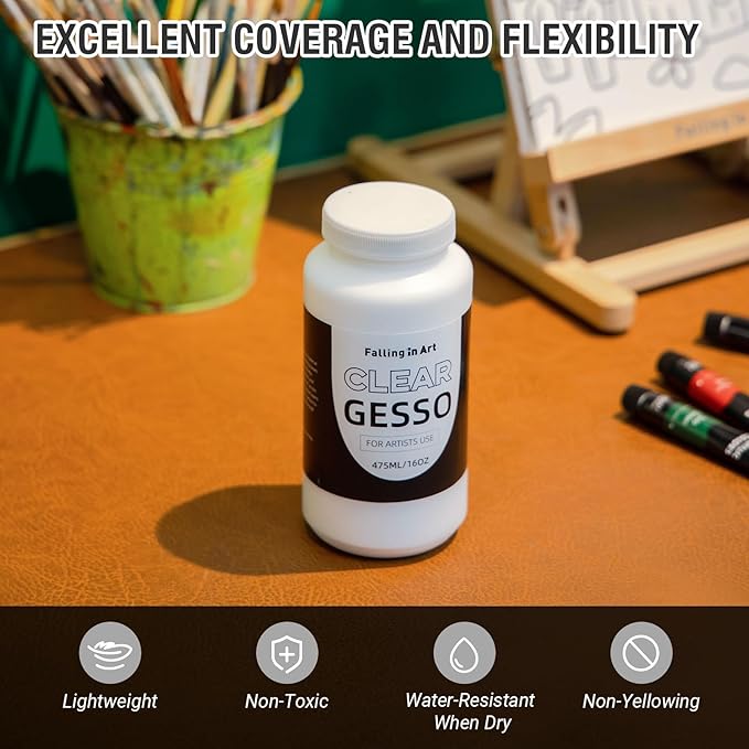 Falling in Art Clear Gesso for Acrylic Painting, Acrylic Gesso Primer for Oil Paints, 16 oz Non-Toxic Canvas Primer Surface Prep Medium