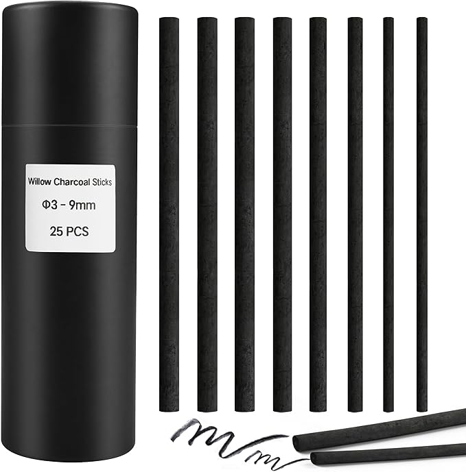 Willow Charcoal Sticks, Natural Willow Charcoal Pencils for Artists, Beginners, Students, Great for Sketching, Drawing, and Shading, Pack of 25 (3-9, Millimeters)