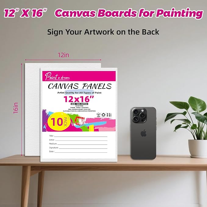 Canvas Boards for Painting - 12x16 10-Pack Bulk Canvas Panels Value Pack - 10 oz Primed Acid-Free 100% Cotton Canvas for Painting, Ready to Paint & Lightweight, Ideal for Acrylic, Oil Paint