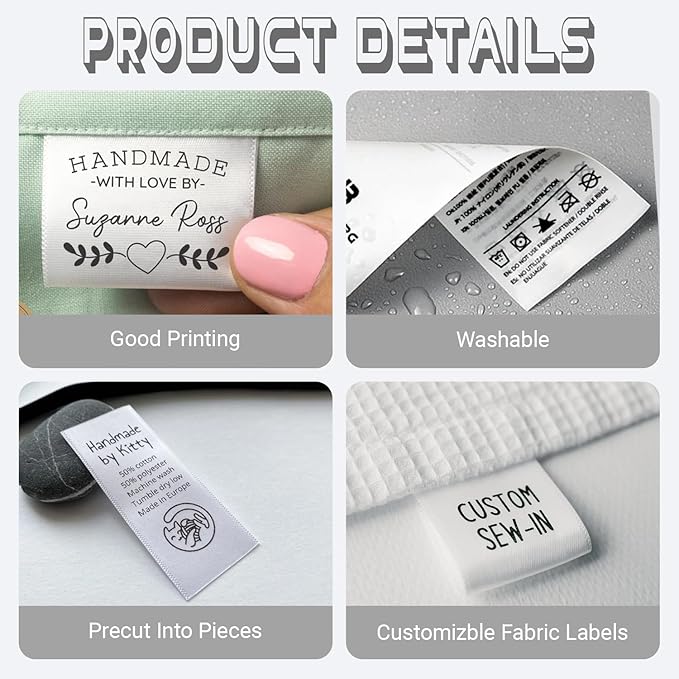 50-200pcs Custom Handmade with Love Sewing Labels,Custom Clothing Labels,Custom Fabric Tags for Crafting and Handmade Items, Black Printing on White Label (2x6cm madewithlove)