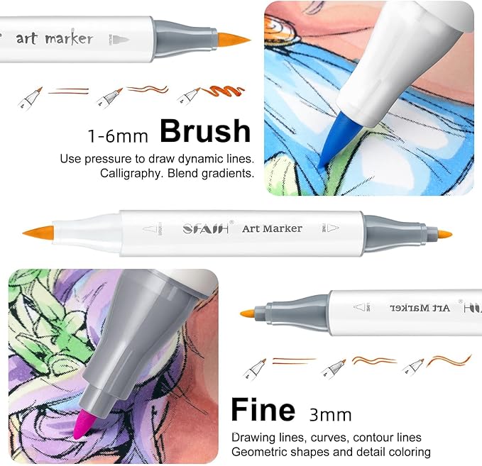 SFAIH Alcohol Markers Brush & Fine - 121 Colors Double Tipped Art Markers for Adult Coloring Illustration, Gifts for Artist Adult - Adjustable Shoulder Strap & Faux Leather Lining & Outer Zip Pocket
