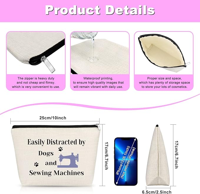 Sewing Gift for Women Quilter Gifts for Dog Lover Makeup Bag Seamstress Gift for Sewers Cosmetic Bag Sewing Machine Gifts for Dog Mom Owner Quilters Travel Pouch