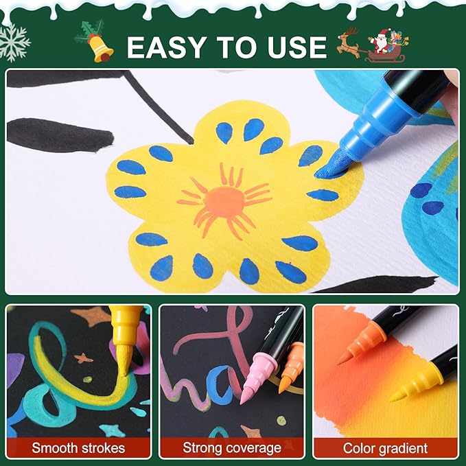 60 Colors Acrylic Paint Markers - Waterproof Dual Tip Acrylic Paint Pens with Brush & Fine Tip Professional Marker Set Scrapbook Markers for Paper Rock Wood Fabric Glass Ceramic and DIY Crafts