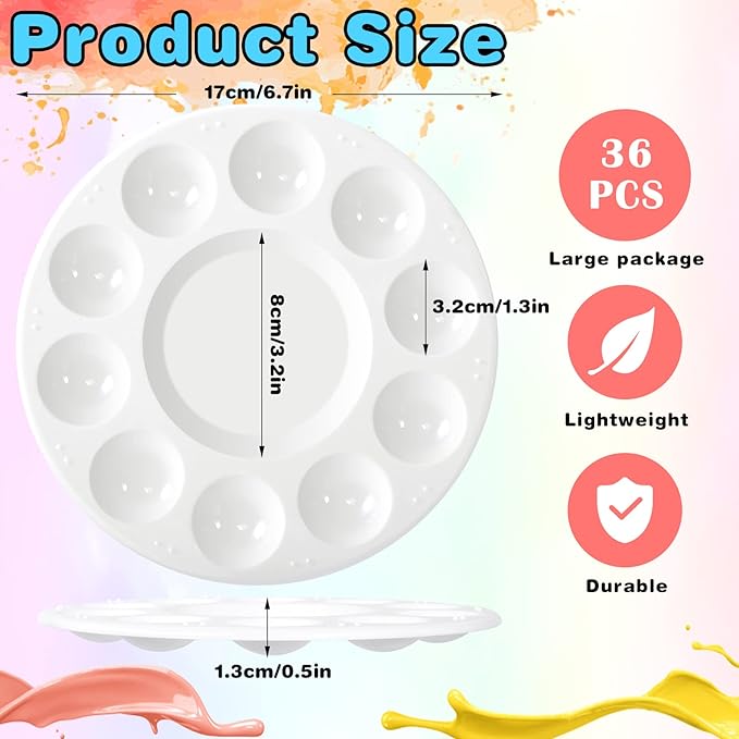 36Pcs Plastic Paint Palette, Round with 10 Wells & Central Reservoir, White, Perfect for Kids, Adults & DIY Crafts