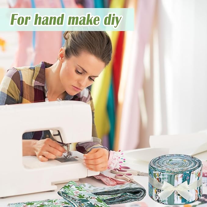 Ganeen 100 Pcs Green Floral Quilting Fabric Roll 2. 56 Inch Fabric Squares Jelly Patchwork Precut Strips Bundles for Holiday Materials Craft DIY Sewing Cloths