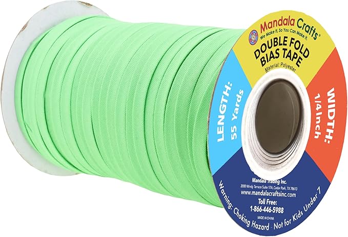 Mandala Crafts 55 Yards 1/4 Inch Pale Green Double Fold Bias Tape for Sewing - Bias Binding Tape for Quilting Binding, Hemming, Seam, and Fabric Piping