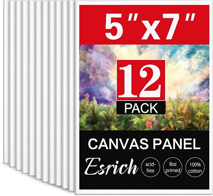 ESRICH 5x7IN Small Canvases for Painting,12 Pack Mini Canvas Boards Cotton Painting Canvas Primed Acid Free Mini Blank Canvas Panels for Oil Paint,Watercolor,Acrylic Paint,Gouache&Tempera.