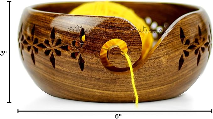 Nagina International Rosewood Crafted Wooden Yarn Storage Bowl With Carved Holes & Drills | Knitting Crochet Accessories (Small)