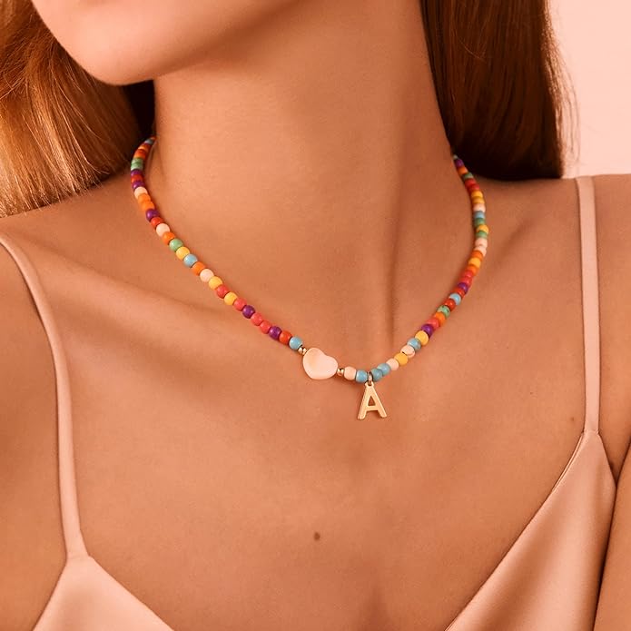 Ursteel Colorful Initial Cute Necklaces for Girls - Trendy Beaded Choker Necklace for Women Teen Girl, Handmade Letter Necklace Valentines Galentine Gifts for Women Girls Jewelry