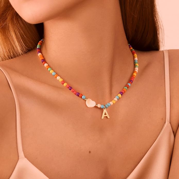 Ursteel Colorful Initial Cute Necklaces for Girls - Trendy Beaded Choker Necklace for Women Teen Girl, Handmade Letter Necklace Valentines Galentine Gifts for Women Girls Jewelry