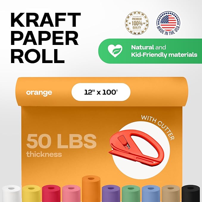 Orange Kraft Paper Roll 12" x 1200" (100 feet) with Cutter - USA-Made Wrapping Paper for Packing, Moving, Shipping & Crafts/Arts - 100% Recyclable Natural Craft Material by IDL Packaging