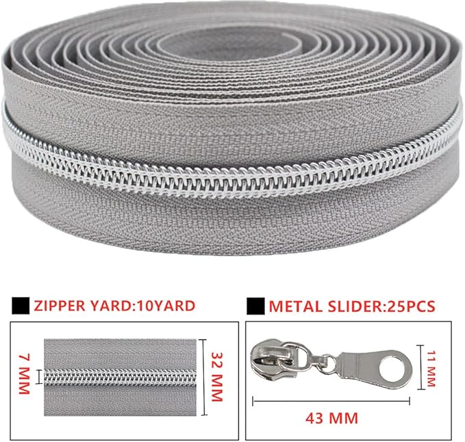 MebuZip #5 Silver Metallic Nylon Coil Zippers by The Yard Bulk Coil Zipper Roll 10 Yards with 25pcs Pulls for DIY Sewing Craft Bags (Grey)