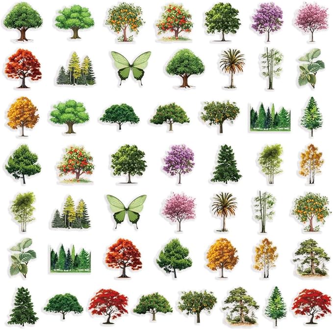 Forests & Trees Stickers for Teens Boy Girls Kids|50 Pcs|Clear PET Waterproof Stickers for Laptop Computer Phone Tablet Luggage Flasks Water Bottle Notebook Scrapbook,Trendy Plant Decals Pack(Tree)