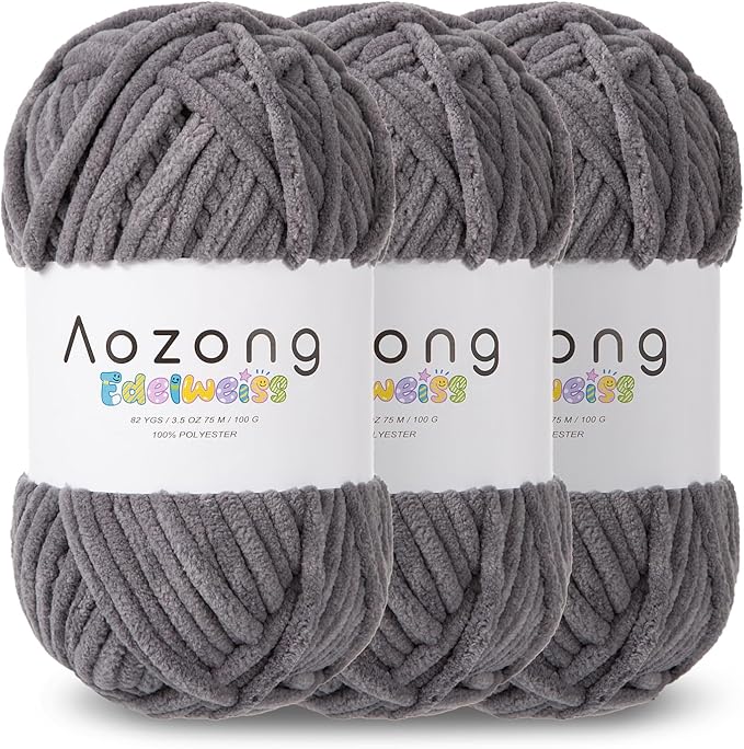 Super Soft and No Shedding Chunky Chenille Yarn for Crocheting and Knitting -Easy to Crochet with-Super Bulky #6, 3Pack of 3.5oz/82yds -Chunky Plush Yarn for Hand Craft Blanket Amigurumi Dark Grey