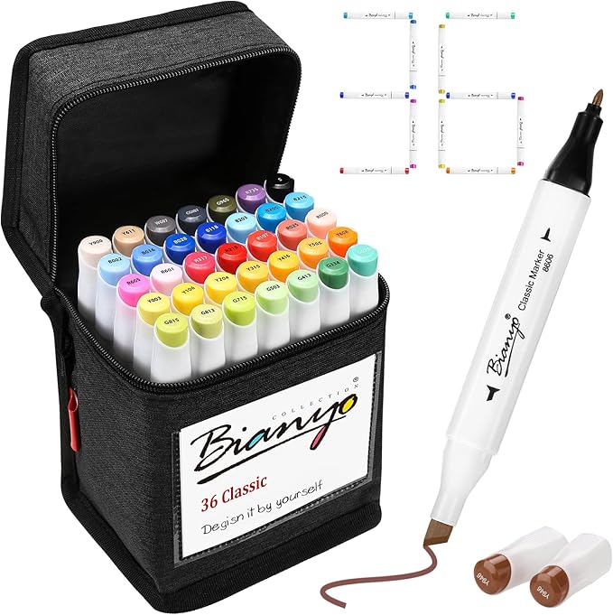 Bianyo 36 Colors Alcohol Markers Set, Dual Tip Fine & Chisel Art Markers with Black Carry Case for Adult Coloring Books, Sketching, Drawing & School Art Projects