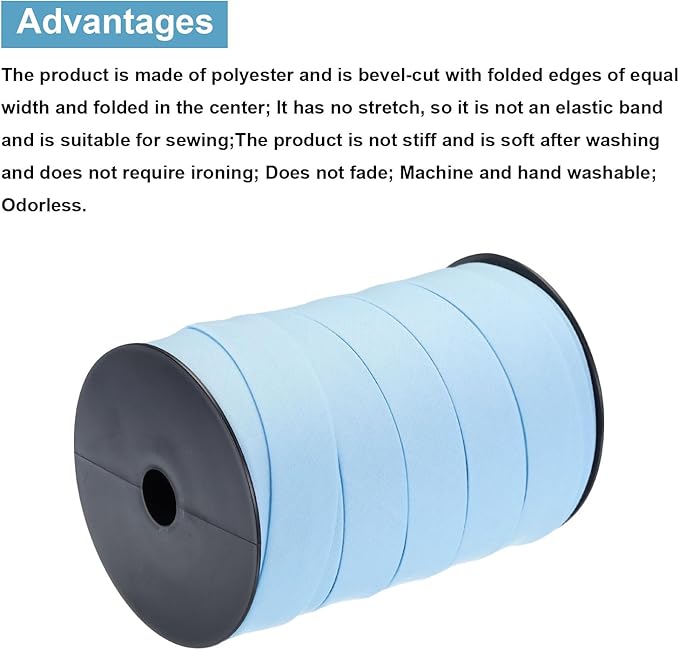 MECCANIXITY 1 Inch Double Fold Bias Tape Polyester Continuous Bulk Bias Tape for Sewing,Seaming Quilting Hemming Binding Crafts (Light Blue 55 Yards)