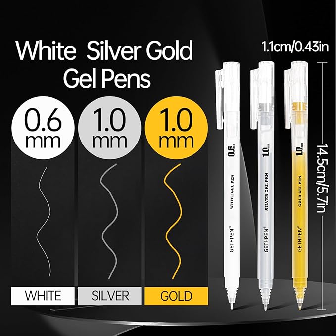Gold Silver White Gel Pens - 0.6/1.0mm Extra Fine Point,White Ink Pens, Opaque Archival Ink Pen Set for Black Paper Art, Holiday Gifts & Bullet Journaling,Gel Pens for Artists, Card Making,Sketching