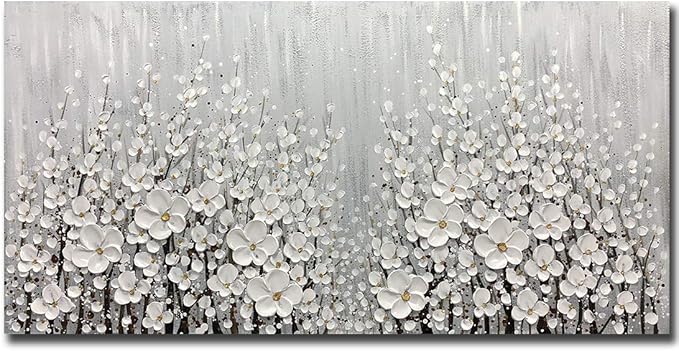 V-inspire Art, 30x60 Inch Hand Painted 3D White Flowers Wall Art Abstract Canvas Oil Paintings Wall Decorations for Living room Dining room Bedroom Artwork for Home Walls