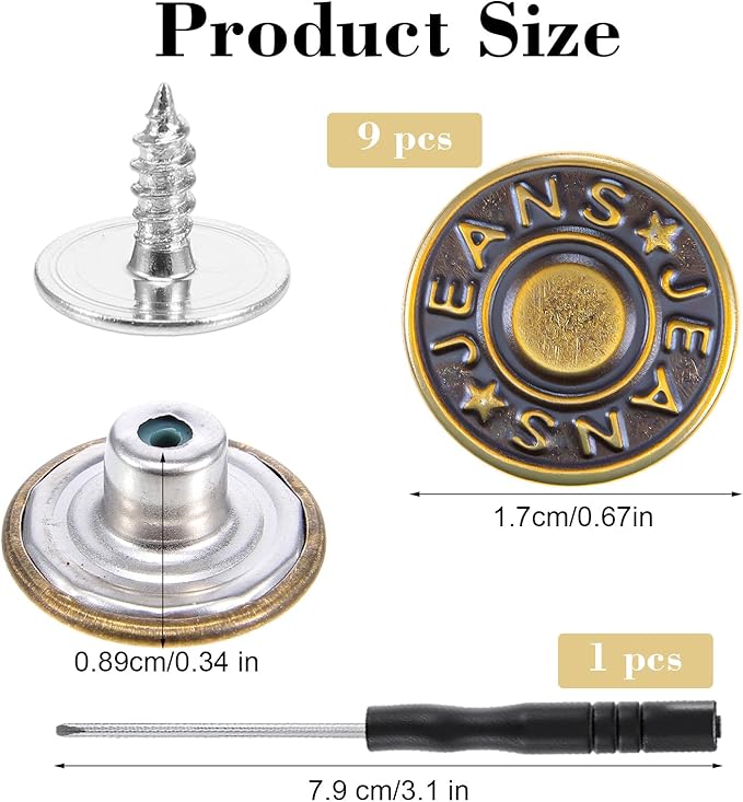 10 Sets Jean Buttons for Loose Jeans, 17mm Jean Button Replacement, Removable Jean Button Replacement Repair Kit with Threads Rivets and Screwdriver, Zinc Alloy Jean Buttons Repair Kit