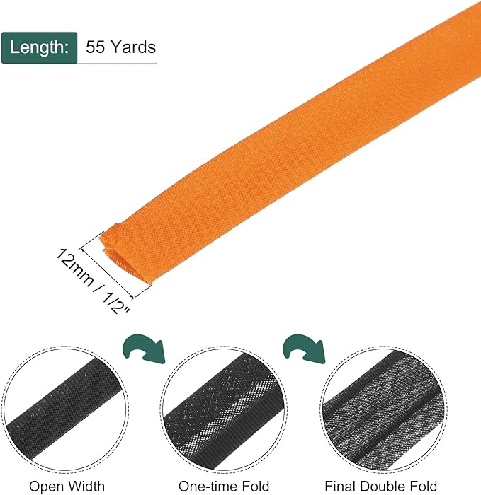 MECCANIXITY 1/2 Inch Double Fold Bias Tape Polyester Continuous Bulk Bias Tape for Sewing,Seaming Quilting Hemming Binding Crafts (Orange 55 Yards)