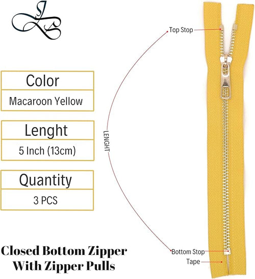 #5 Gold Metal Zipper - 50+ Colors - 3 PCS - (4-14 inches) Sizes - Luxury Lightweight Handcraft Metal Zippers with pulls for Purses Bags Pockets Shoes Sewing & Crafts DIY ZP02115
