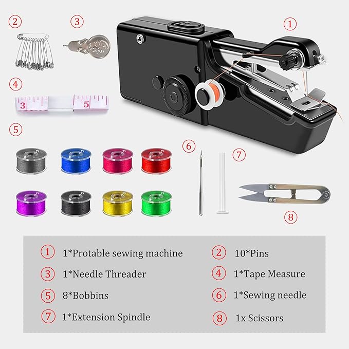 Handheld Sewing Machine, Portable and Easy-to-Use Mini Sewing Machine, Battery and USB Operated, Ideal for Beginners and Home Use - Black