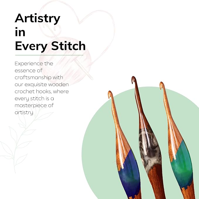 Wooden Crochet Hook Collection for Yarn Crafts |Resin-Embellished Crochet Hook Set for Effortless Knitting and Crocheting – Wood Crochet Needle Set