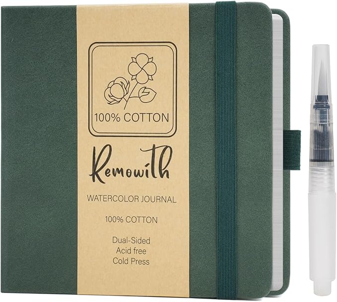 Remowith Leather Cover Watercolor Sketchbook, 6"x5.5" Journal, 300gsm Cold Press Cotton Paper (24 Sheets/48 Pages), Perfect Watercolor Journal for Markers, Pastels, Turquoise