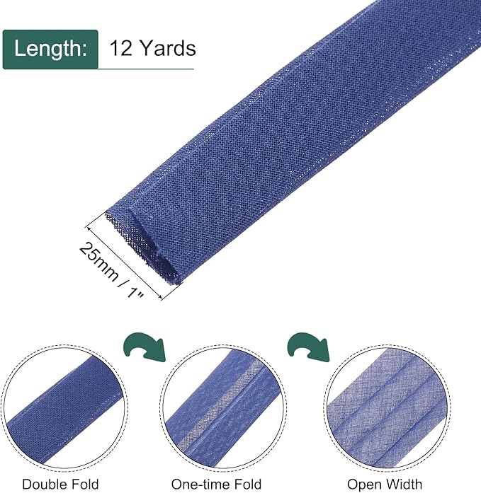 MECCANIXITY 1 Inch Double Fold Bias Tape Continuous Bulk Cotton Bias Tape for Sewing Seaming Quilting Hemming Binding Crafts (Medium Blue 12 Yards)