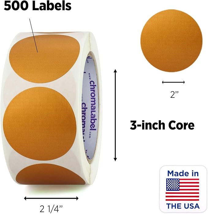 ChromaLabel 2 Inch Round Label Permanent Color Code Dot Stickers, 500 Labels per Roll, Metallic Bronze