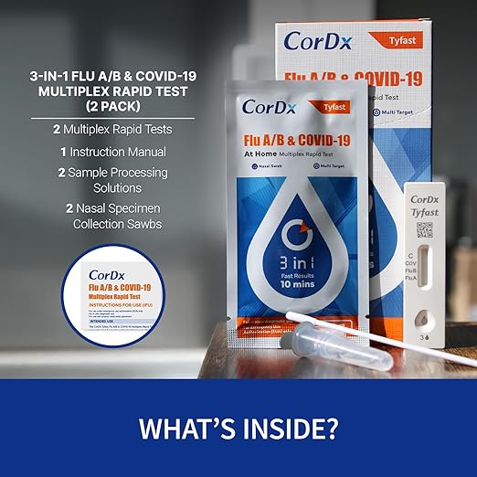 CorDx TyFast Flu A/B & Covid 19 Multiplex Rapid Test, 10 Mins at Home, EUA Authorized, 3 in 1 Combo Kit, 2 Tests