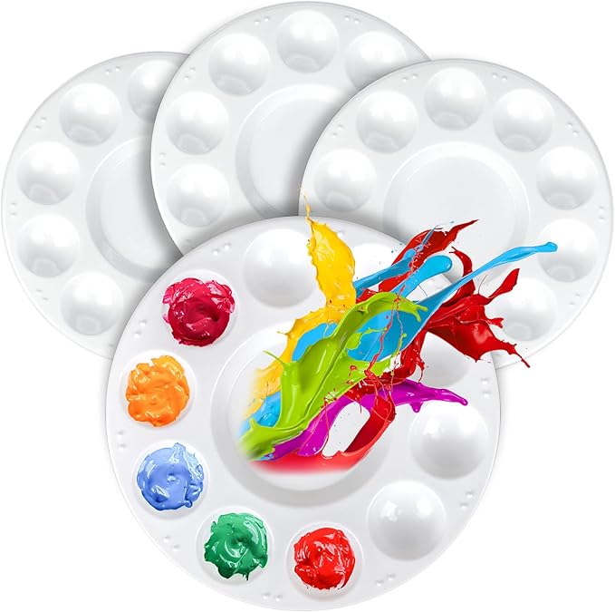 FANDAMEI White Round Paint Tray Palettes, Paint Palette Tray, Plastic Paint Tray Palette, Paint Palettes Paint Pallets with 10 Wells for Adults & Kids, for Painting or DIY Craft Class, 4 PCS