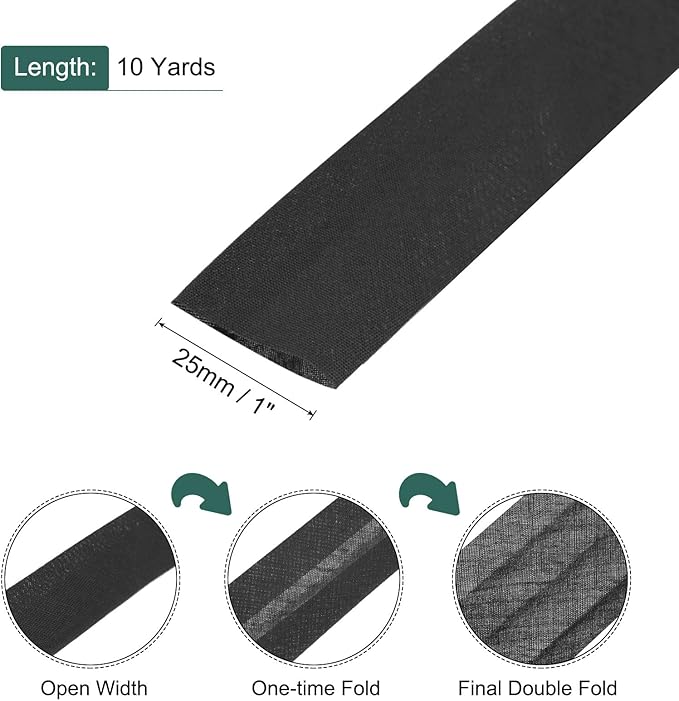 MECCANIXITY 1 Inch Double Fold Bias Tape Polyester Continuous Bulk Bias Tape for Sewing,Seaming Quilting Hemming Binding Crafts (Black 10 Yards)
