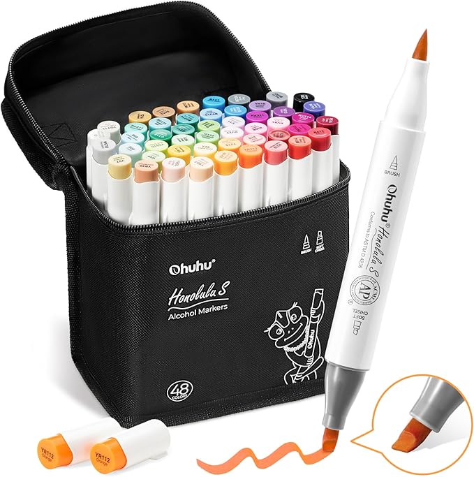 Ohuhu Alcohol Markers Brush and Soft Chisel: AP Certificated 48-color Dual Tips Drawing Markers for Artists Beginners Adults Cozy Coloring Illustration Sketching - Honolulu S - Refillable