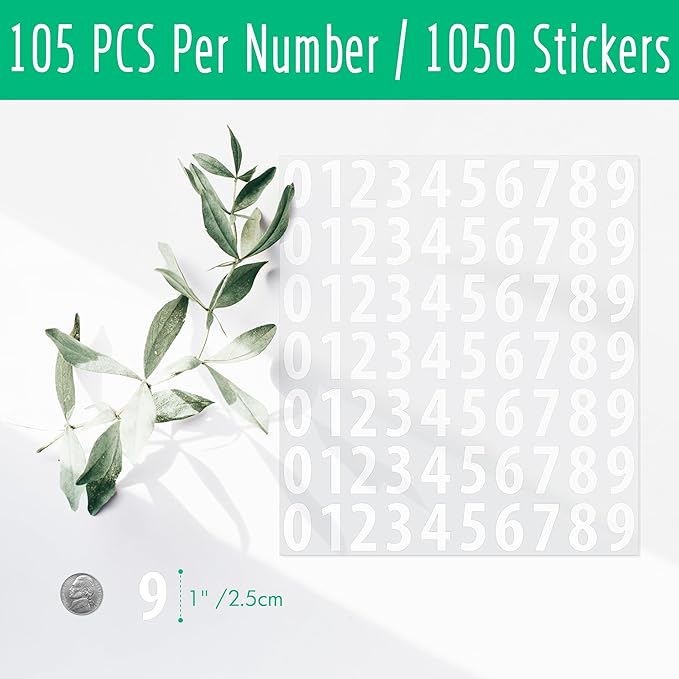 1050 PCS Number Stickers, 1” Water Resistant Vinyl Stickers Consecutive Number 0-9 Labels Self-Adhesive Without Residue Left for Office, Classroom, Indoor, Boxes, Storage (15 Sheets, White)