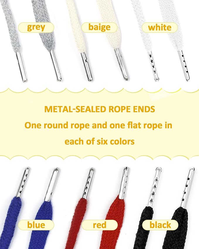 FIVEIZERO 16pcs Drawstring Cord Kit-12pcs Hoodie Strings (Flat & Round,6 Basic Universal Colors) with Drawstring Threader Tools,Bodkin,Rope Threader–Draw String Replacement for Pants,Shorts,Shoes